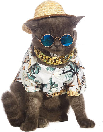 Hawaiian Dog T Shirts Pet Summer Clothes Cat Sunglasses Funny Straw Hat Kitten Costumes with Gold Chain Collar (Small,White)