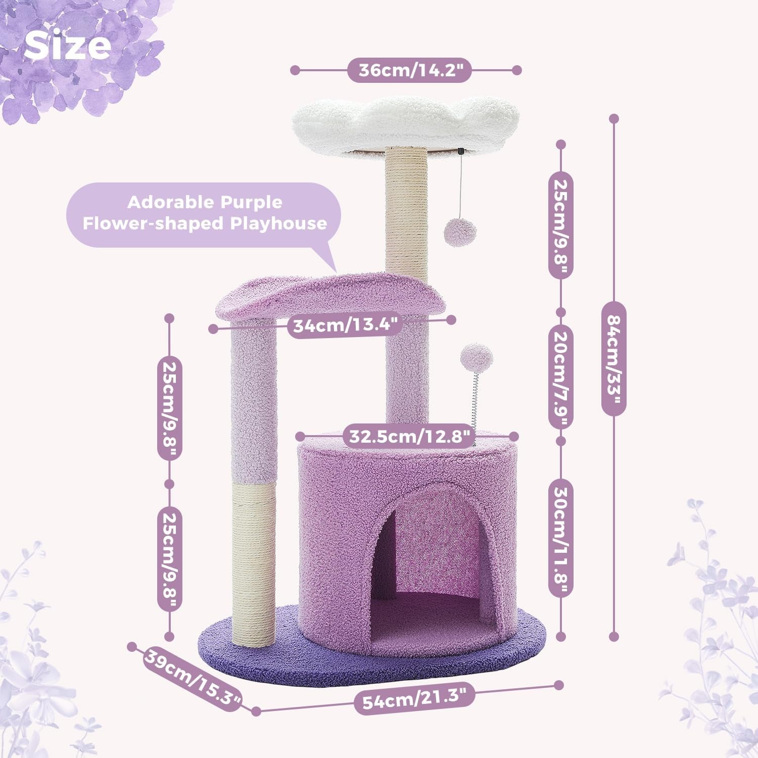 Cat Tree,32 Inches Purple Flower Cat Tower with Sisal Covered Scratching Post, C