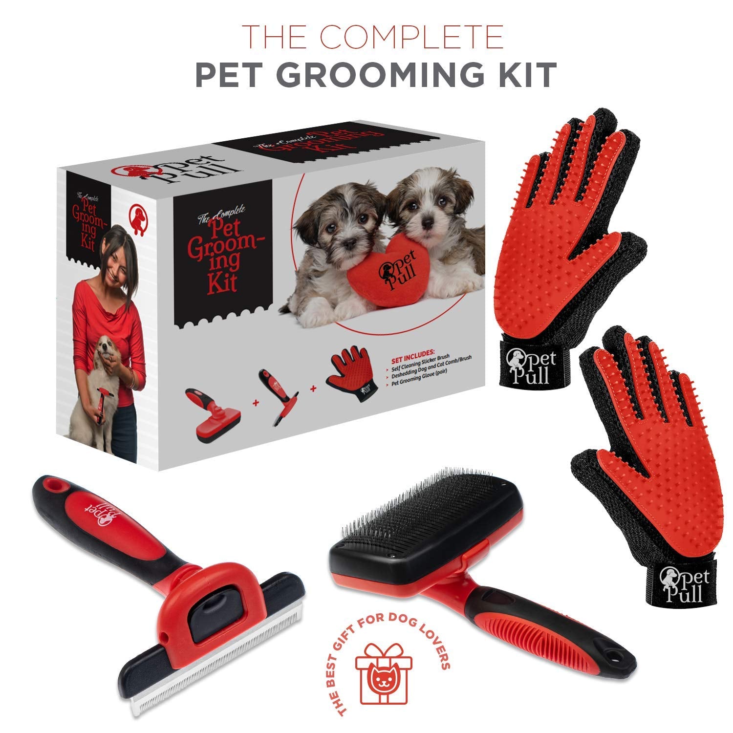 Complete Professional Pet Grooming Kit, Self Cleaning Slicker Dog Brush, Pro Grooming Brush Effectively Reduces Shedding Fur, Pet Hair Remover Brush Gloves, Combo Gift Set