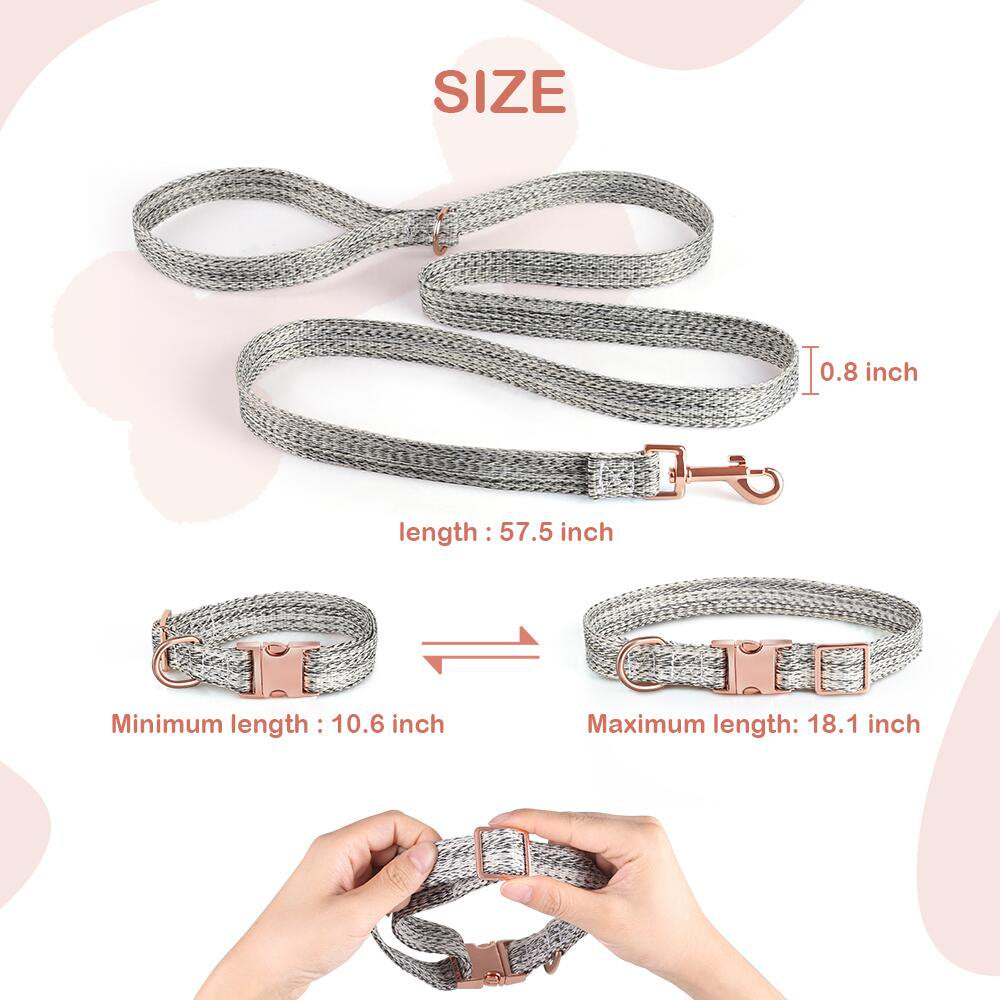 "Linen Gray Adjustable Dog Collar and Leash Set for Stylish Medium-Sized Pets"