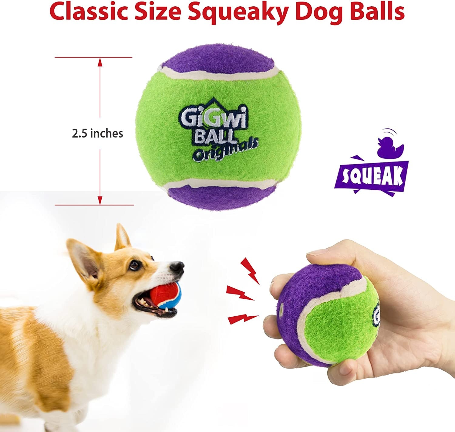 Tennis Balls for Dogs, Squeaky Dog Tennis Balls for Exercise, High Bouncy Dog Balls Bright Colors 2.5 Inches, Interactive Funny Dog Toys for All Breeds of Dogs Indoor & Outdoor Dog Games, 3 Pack