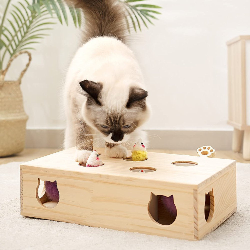 Cat Toys Interactive Whack a Mole Solid Wood Toys for Indoor Cats Kitten Catch Mice Game