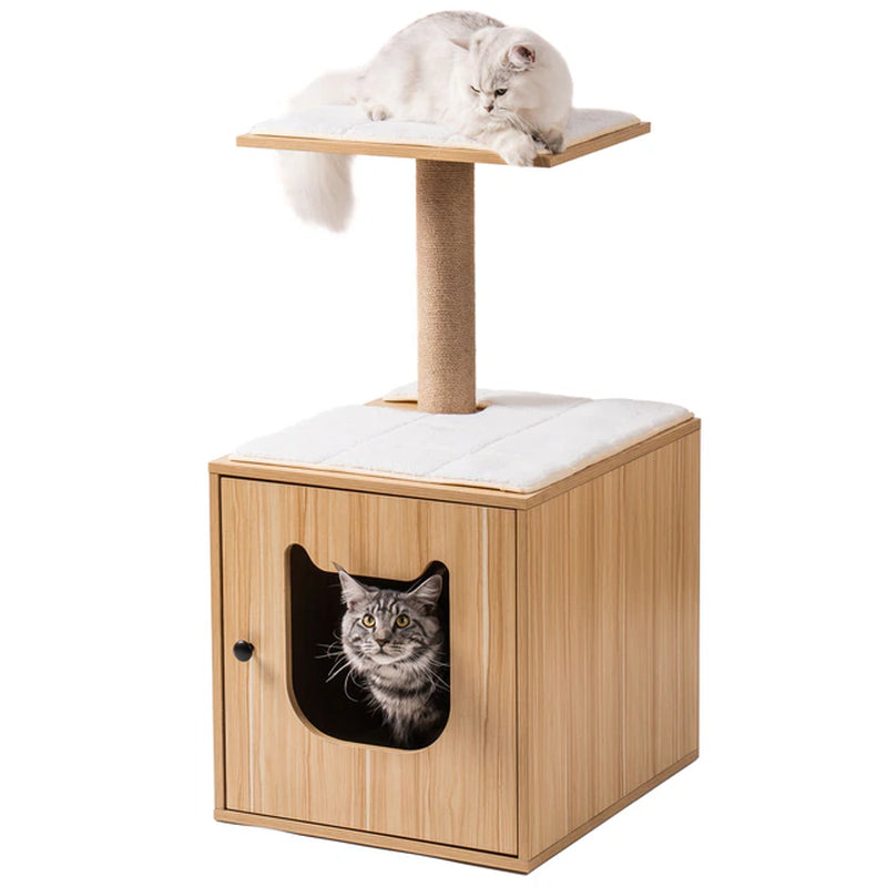 Wooden Cat House with Cat Bed Hidden Cat Washroom Furniture Cat Tree with Scratching Post Cat Litter Box Enclosure