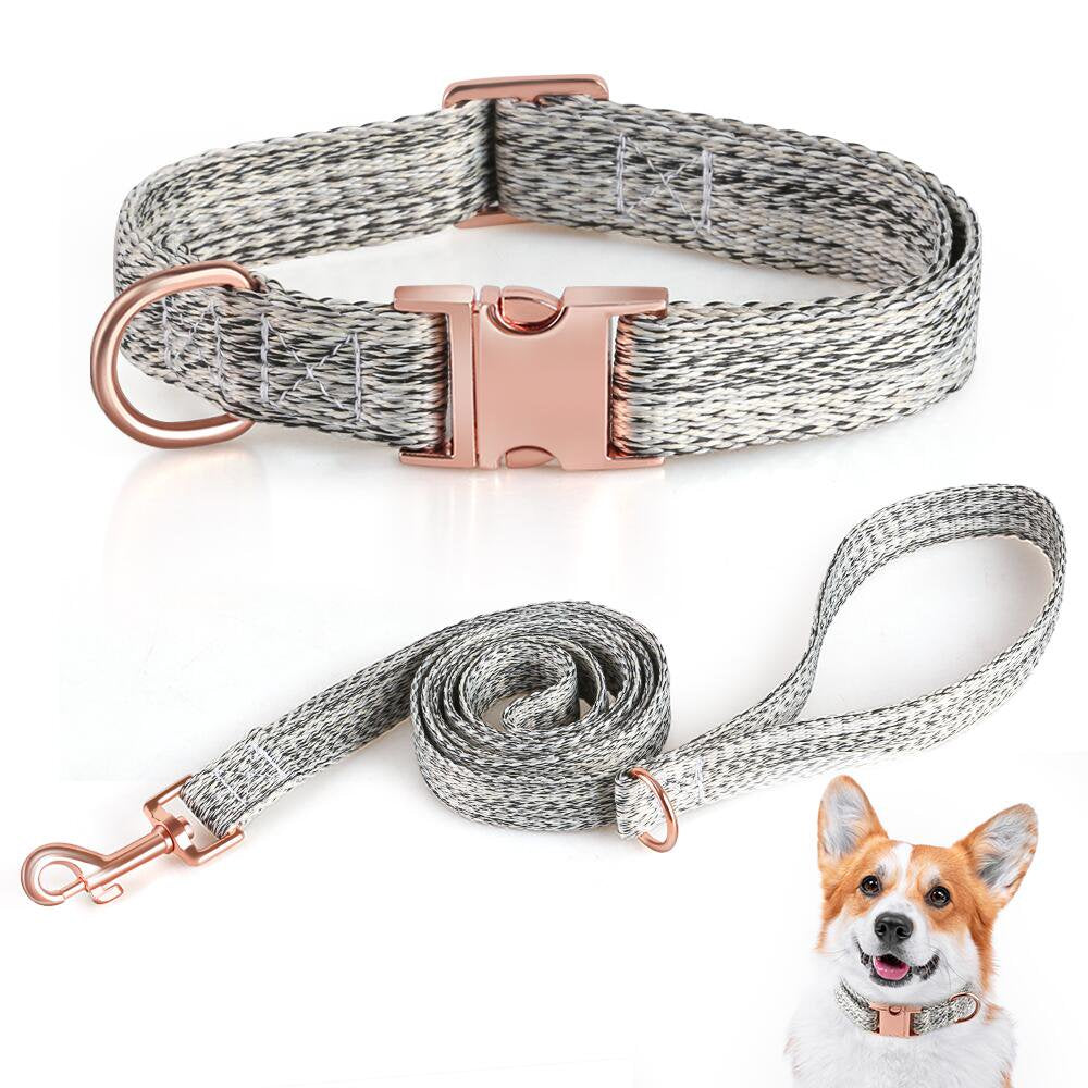 "Linen Gray Adjustable Dog Collar and Leash Set for Stylish Medium-Sized Pets"