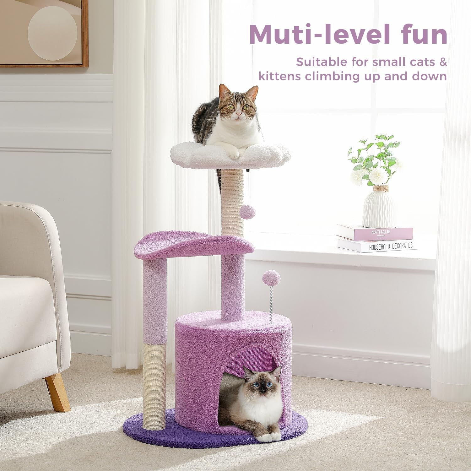 Cat Tree,32 Inches Purple Flower Cat Tower with Sisal Covered Scratching Post, C