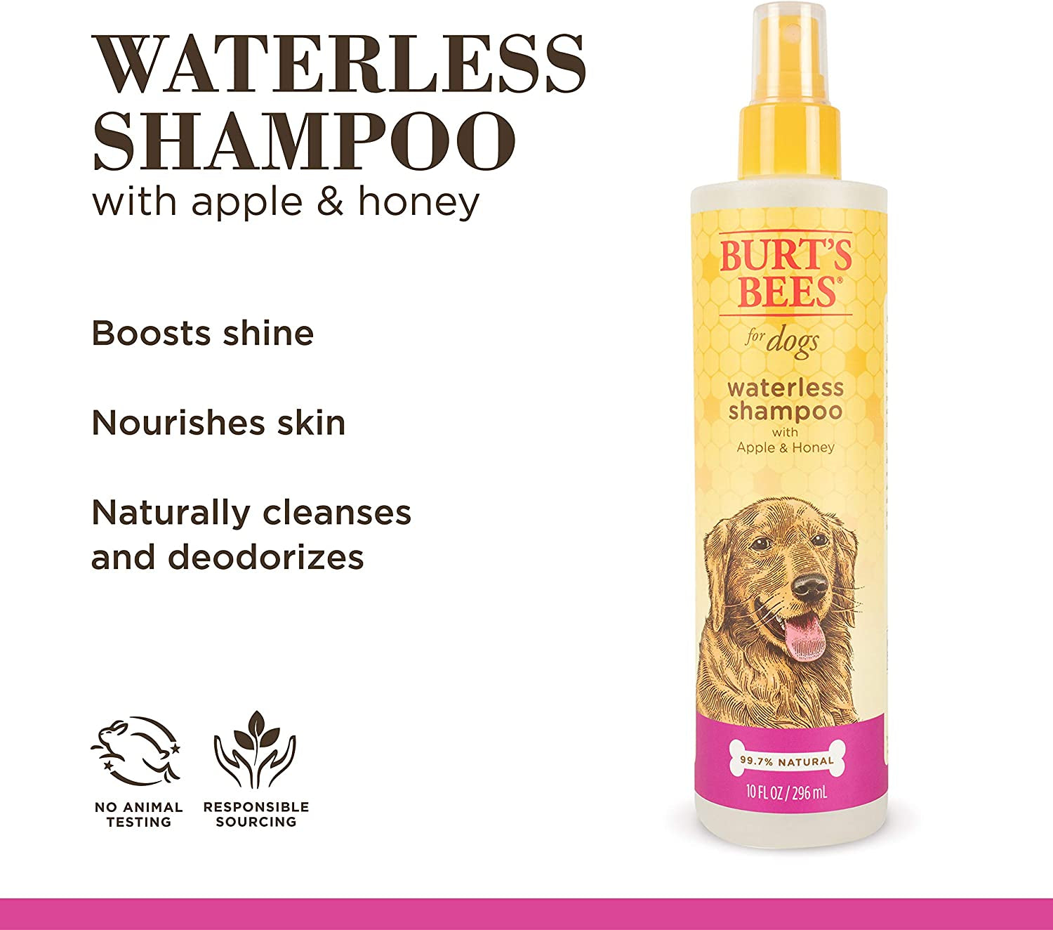 Natural Waterless Dog Shampoo Spray with Apple and Honey, Dry Shampoo for Dogs and Puppies, for Large and Smelly Dogs, Sulfate & Paraben Free, Ph Balanced, Made in USA - 10 Oz