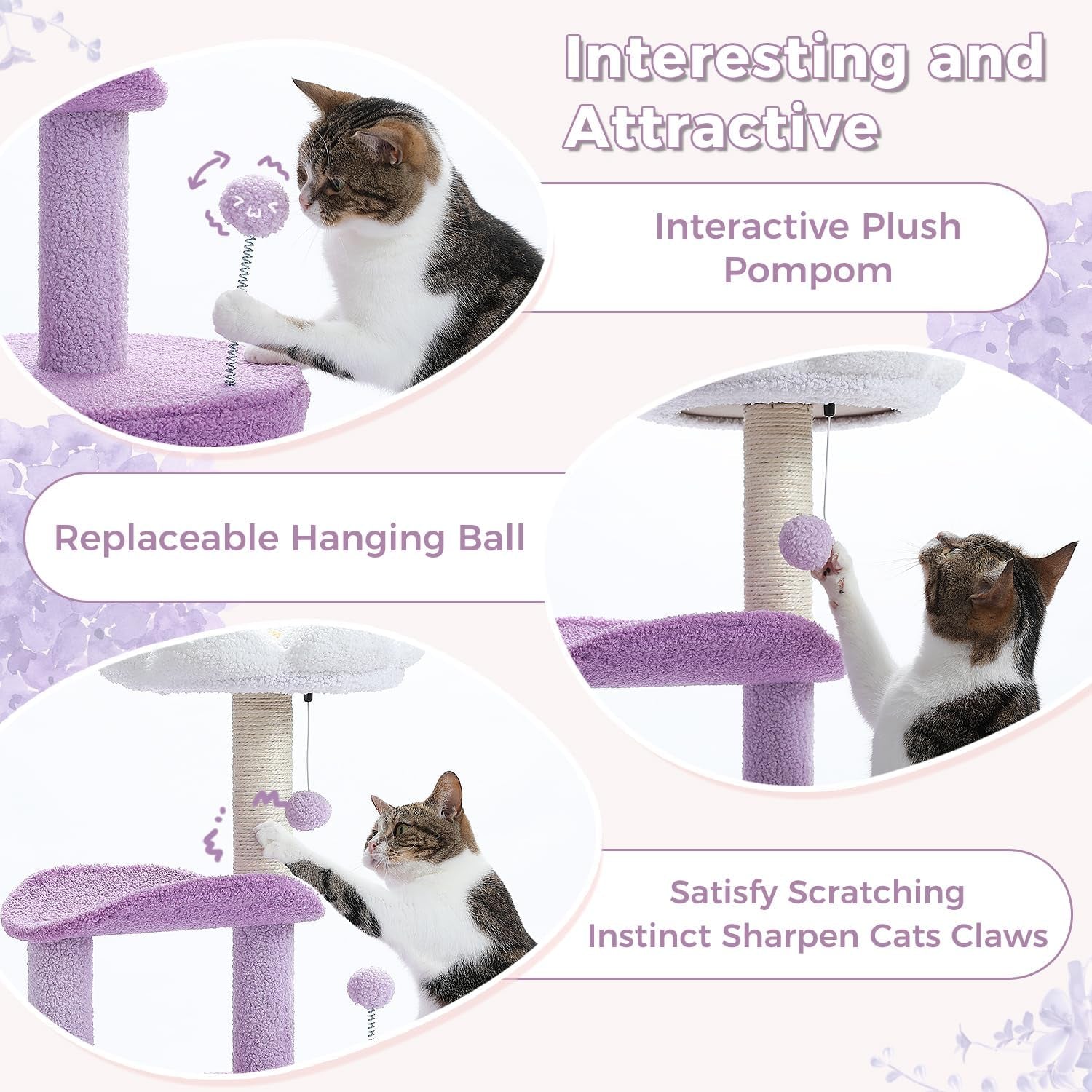 Cat Tree,32 Inches Purple Flower Cat Tower with Sisal Covered Scratching Post, C