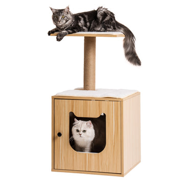 Wooden Cat House with Cat Bed Hidden Cat Washroom Furniture Cat Tree with Scratching Post Cat Litter Box Enclosure